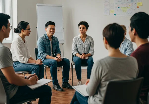 People in a support group meeting, sharing experiences