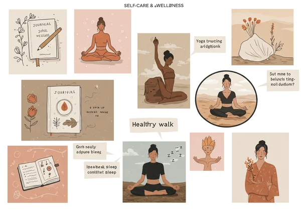 Various icons representing self-care activities for well-being