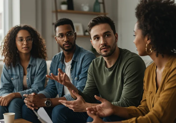 Diverse group of friends offering support and listening