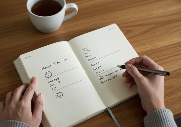 Hand writing in a mood journal for symptom tracking